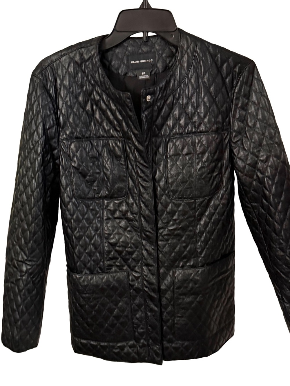 Club Monaco Black Glossy Diamond Quilted Jacket 4 Pockets Snap Close Sz S/P NWT